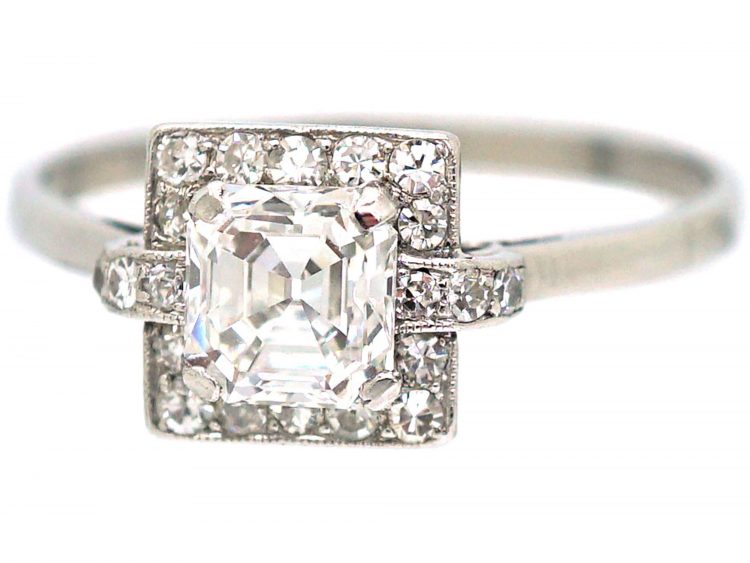 Art Deco Platinum Asscher Cut Diamond Ring with Small Diamond Set Detail