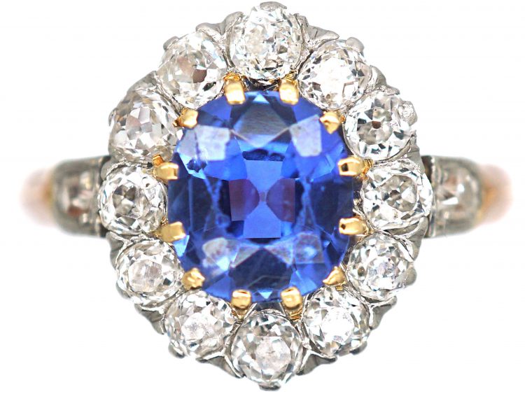 French Belle Epoque 18ct Gold, Platinum, Ceylon Sapphire & Diamond Cluster Ring with Diamond Set Shoulders