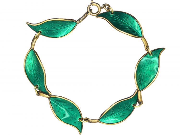 Silver Green Enamel Leaf Design Bracelet by David Andersen