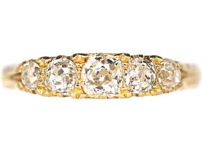 Victorian 18ct Gold & Five Stone Diamond Carved Half Hoop Ring