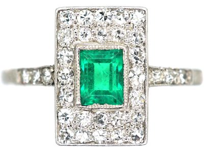 Art Deco Platinum, Emerald & Diamond Rectangular Ring with Diamond set Shoulders