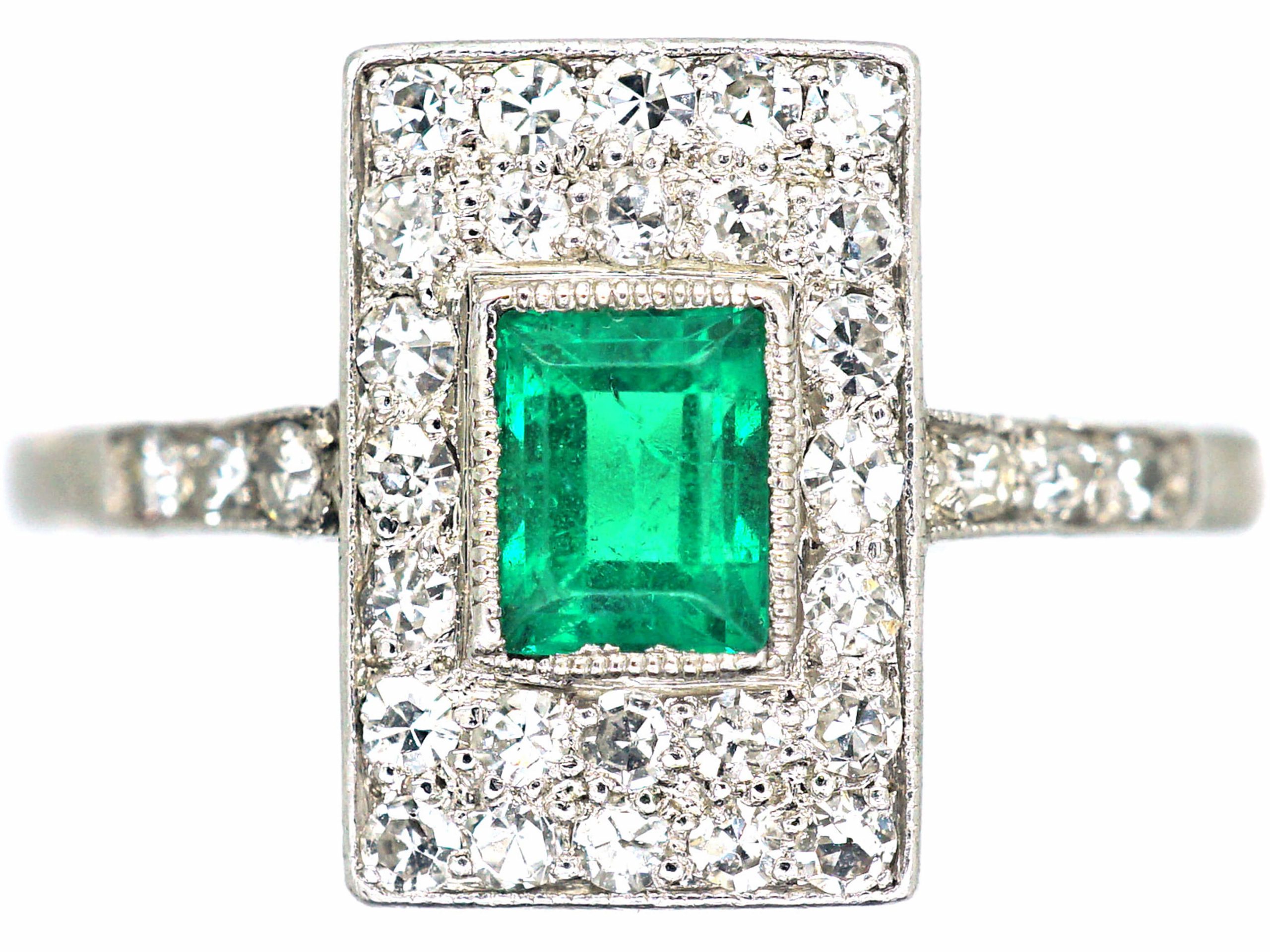 Art Deco Platinum, Emerald & Diamond Rectangular Ring with Diamond set ...