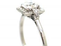 Art Deco Platinum Asscher Cut Diamond Ring with Small Diamond Set Detail