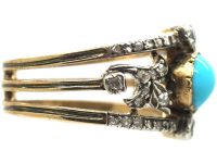 Edwardian 18ct Gold Turquoise & Diamond Ring with Rose Diamond Leaf Detail