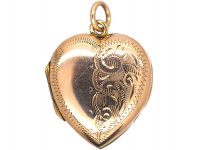 Edwardian 9ct Gold Back & Front Heart Shaped Locket with Engraved Front