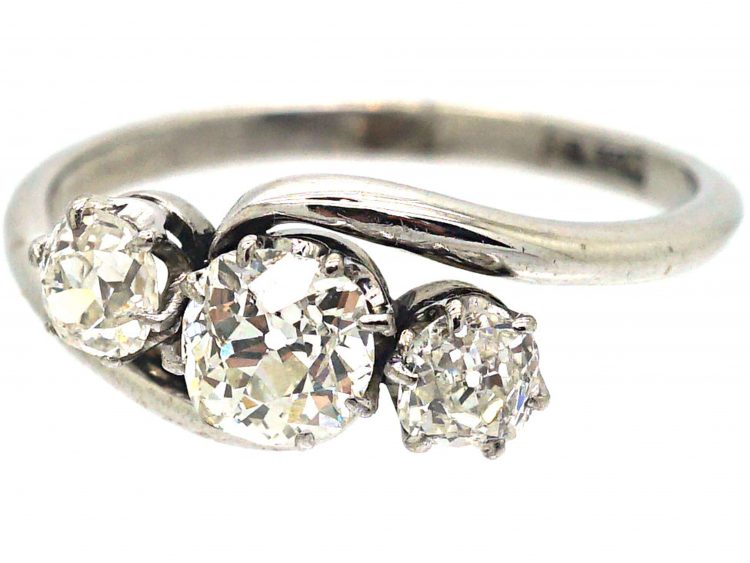 Art Deco 18ct White Gold Three Stone Diamond Crossover Ring