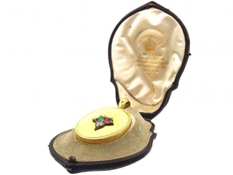 Victorian Large 18ct Gold Oval Shaped Locket set with a Sapphire, Ruby & Emerald in the Original Case