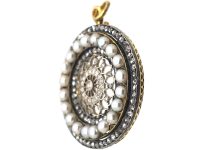 Edwardian Gold & Silver, Rose Diamond & Pearls Round Pendant