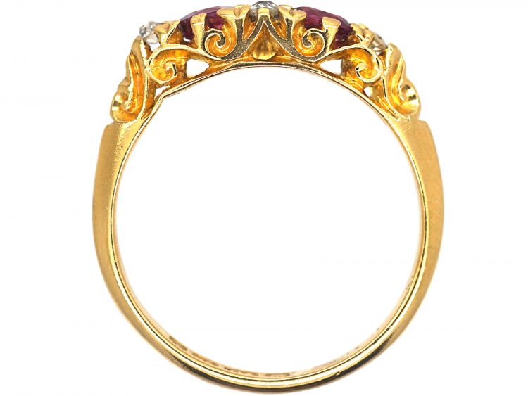 Edwardian 18ct Gold, Ruby & Diamond Narrow Boat Shaped Carved Half Hoop Ring