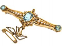 Edwardian 15ct Gold, Aquamarine & Natural Split Pearl Brooch