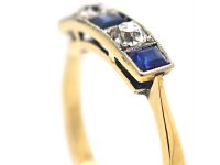 Art Deco 18ct Gold & Platinum, Square Cut Sapphire & Diamond Ring