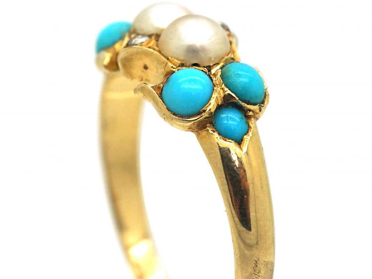 Regency 15ct Gold, Turquoise, Natural Split Pearl & Rose Diamond Ring