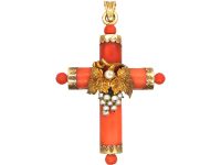 Regency 15ct Gold, Coral & Natural Pearl Cross with Grapes Motif