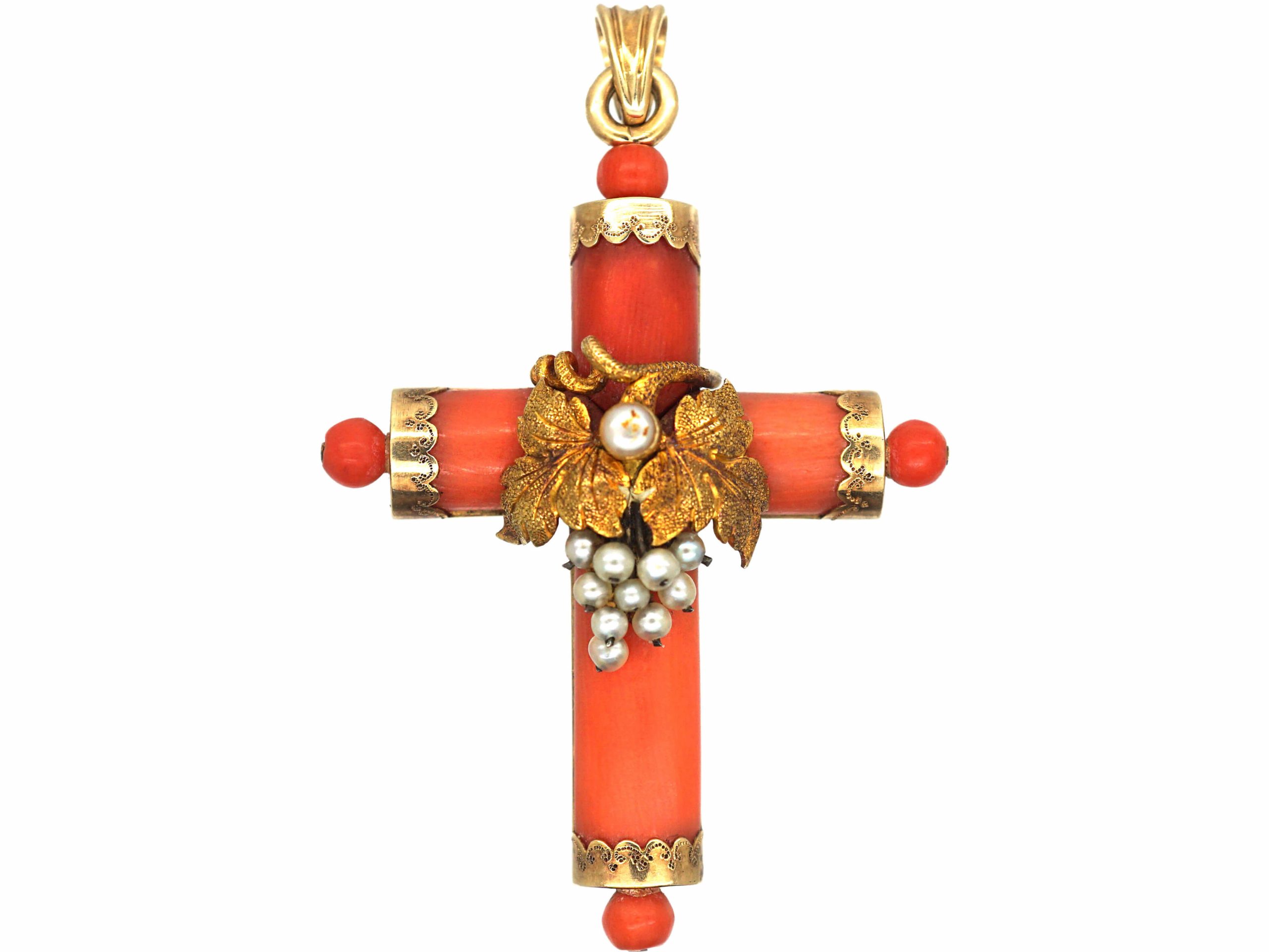 Regency 15ct Gold, Coral & Natural Pearl Cross with Grapes Motif