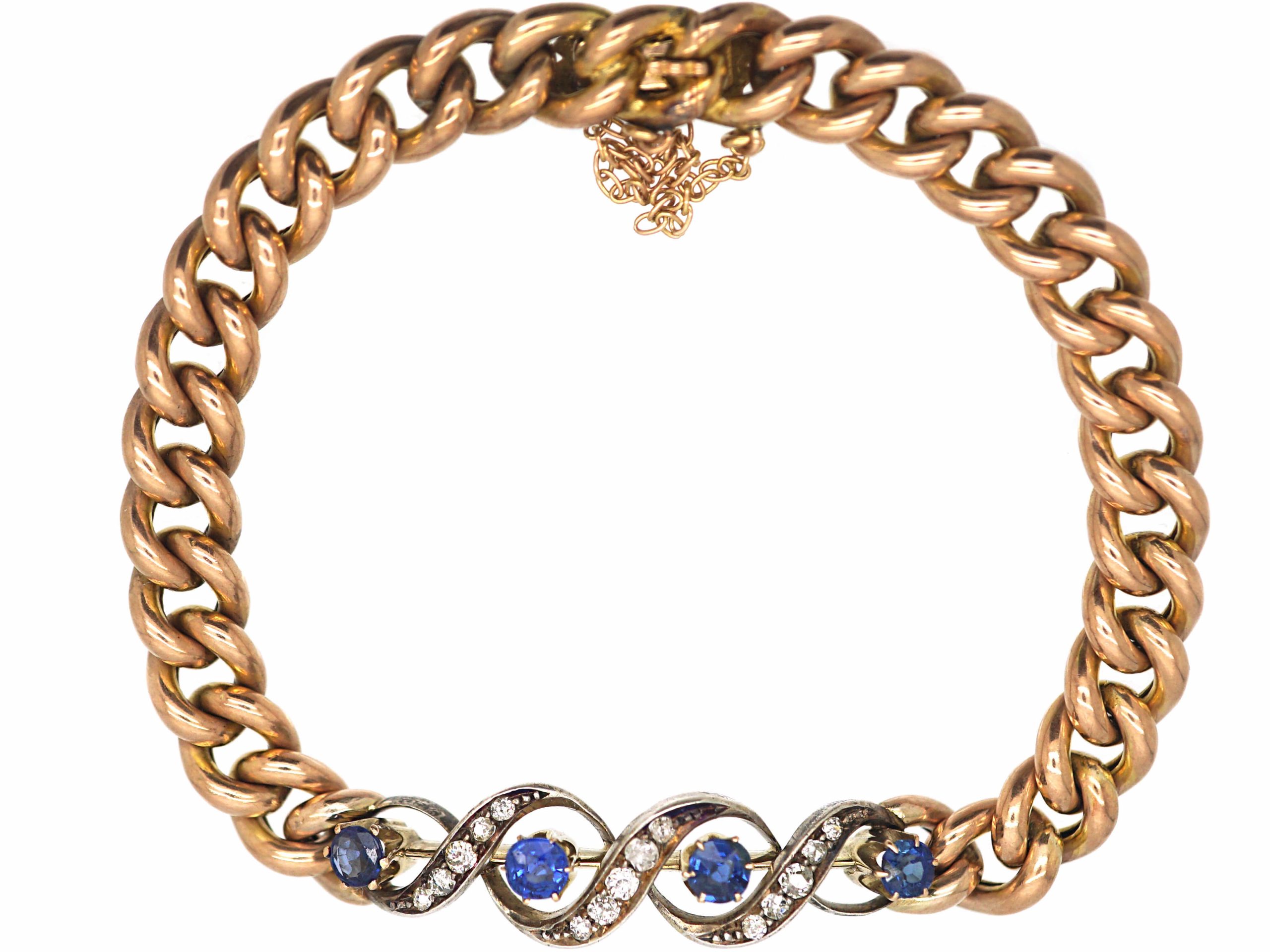 Edwardian 9ct Gold Curb Bracelet Set With Sapphires & Diamonds (649R ...