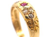 Victorian 18ct Gold, Ruby & Rose Diamond Gypsy Ring with Ornate Shoulders