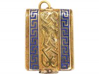 Victorian 18ct Gold & Blue Enamel Rectangular Book Locket with Four Glazed Compartments Inside