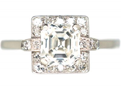 Art Deco Platinum Asscher Cut Diamond Ring with Small Diamond Set Detail