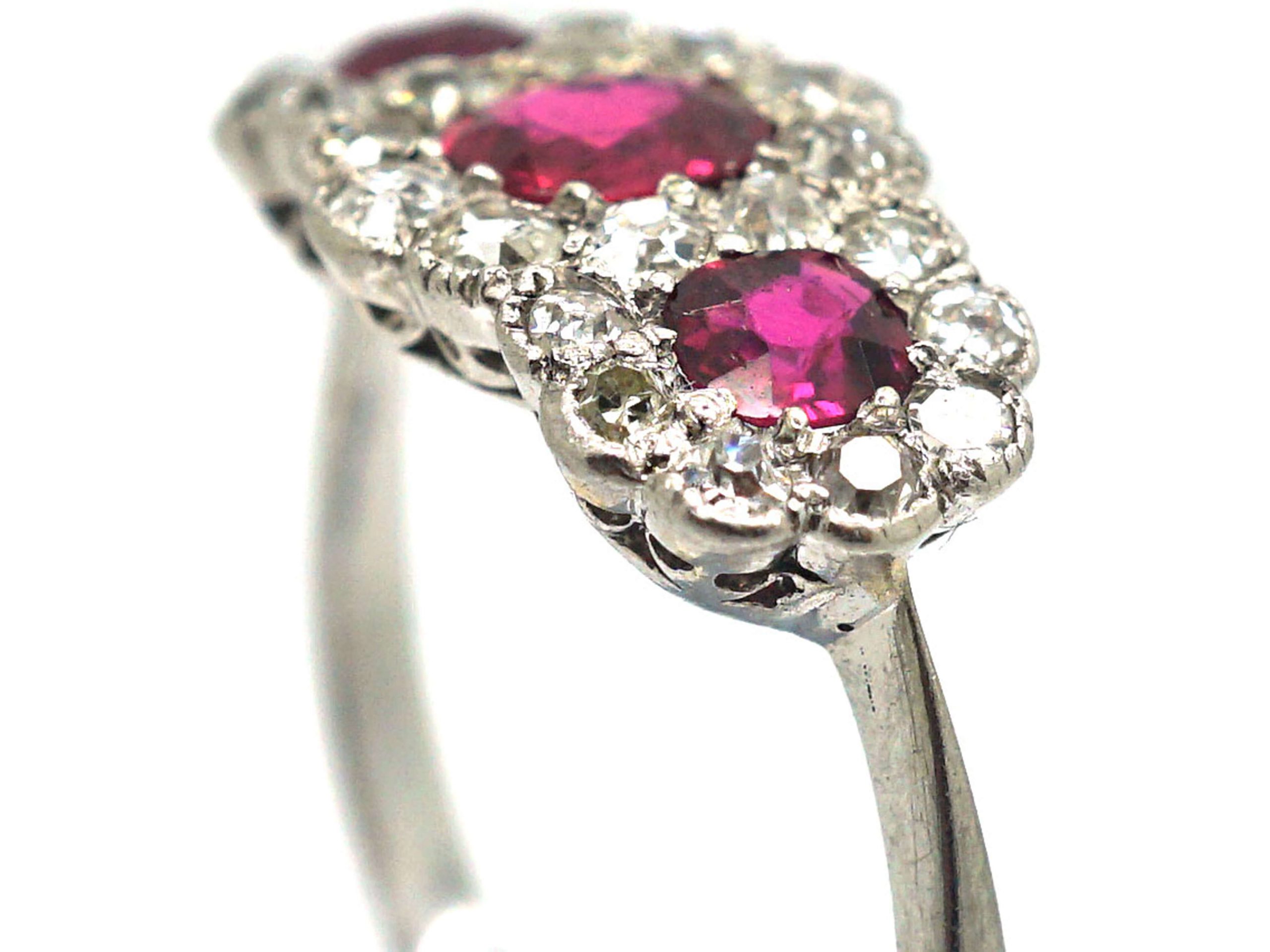 Edwardian 18ct White Gold, Three Stone Ruby & Diamond Triple Cluster ...