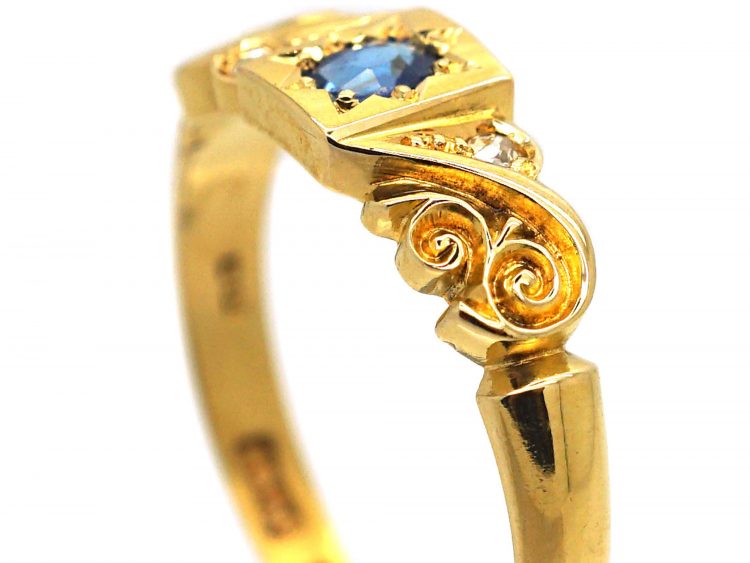Edwardian 18ct Gold, Sapphire & Diamond Gypsy Scroll Design Ring