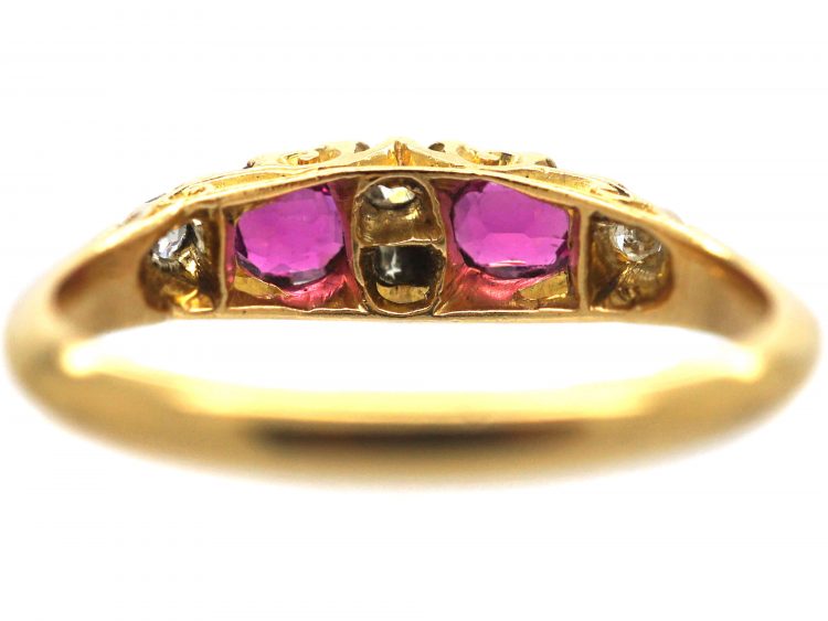Edwardian 18ct Gold, Ruby & Diamond Narrow Boat Shaped Carved Half Hoop Ring