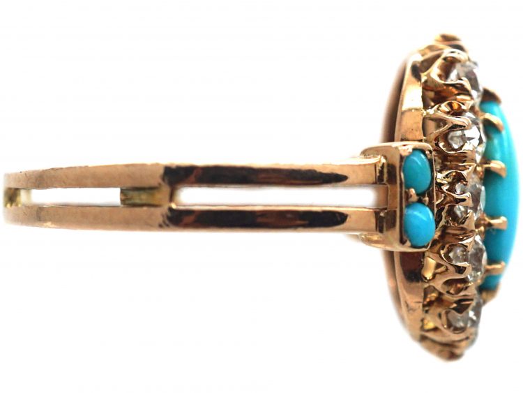 Edwardian 15ct Gold, Turquoise & Diamond Oval Cluster Ring with Turquoise Set Shoulders