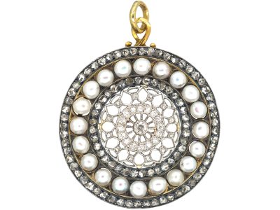 Edwardian Gold & Silver, Rose Diamond & Pearls Round Pendant