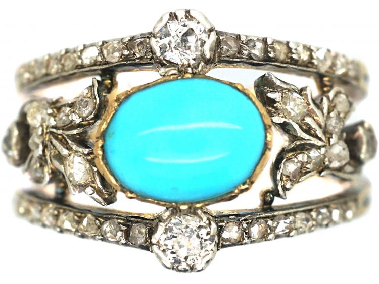 Edwardian 18ct Gold Turquoise & Diamond Ring with Rose Diamond Leaf Detail
