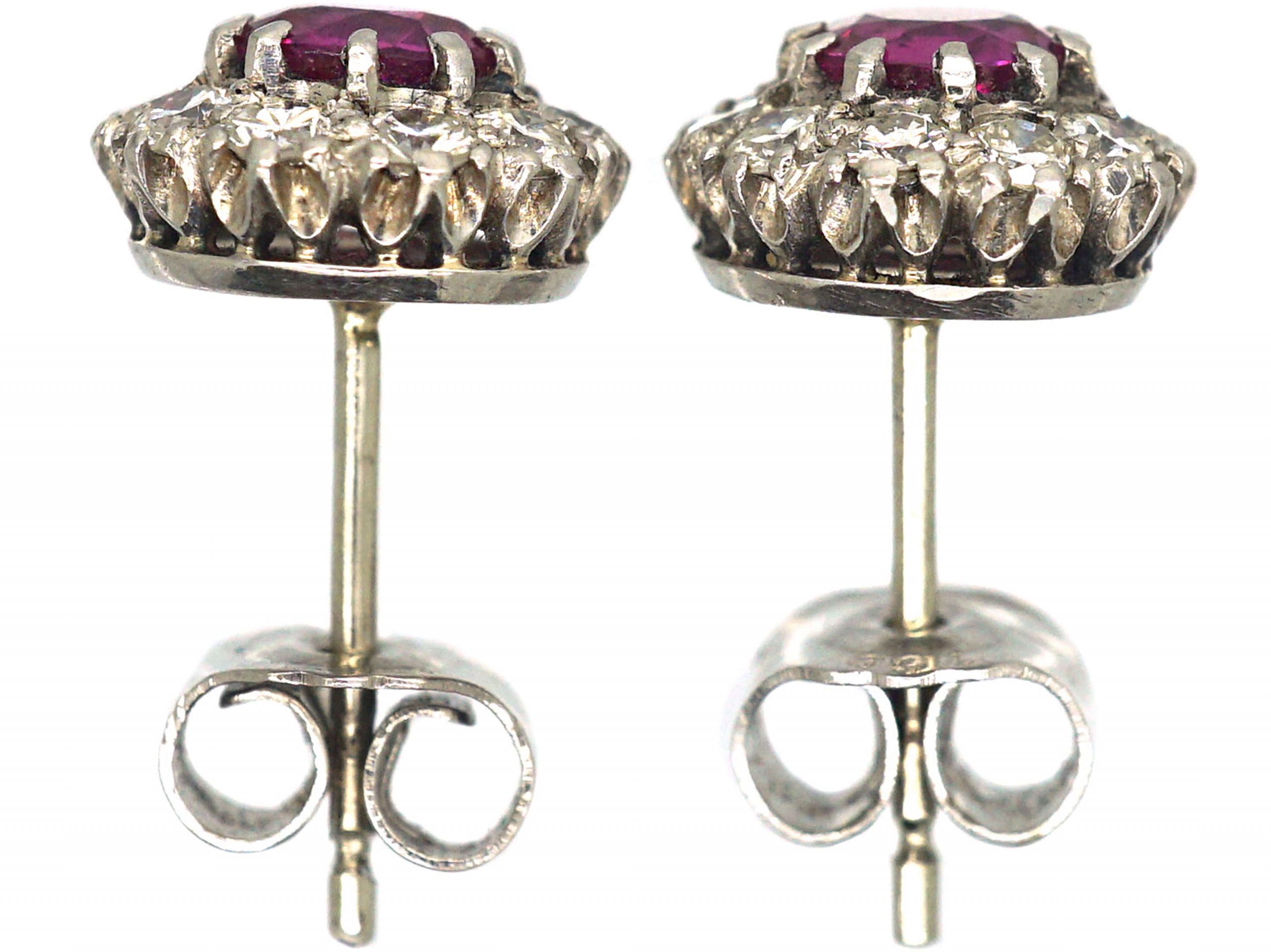 18ct White Gold, Ruby & Diamond Cluster Earrings (508R) | The Antique