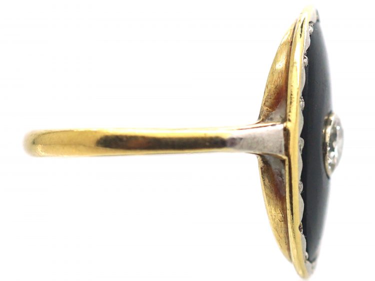 Art Deco 18ct Gold, Onyx & Diamond Oval Shaped Ring