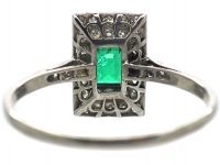 Art Deco Platinum, Emerald & Diamond Rectangular Ring with Diamond set Shoulders