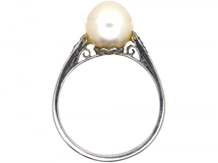 Art Deco Platinum, Cultured Pearl Ring with Rose Diamond Shoulders