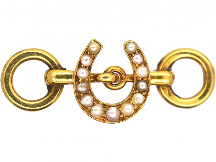 Victorian 18ct Gold Horseshoe and Bit Brooch set with Natural Split Pearls