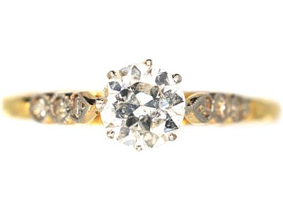 Art Deco 18ct Gold & Platinum, Diamond Solitaire Ring with Diamond Set Shoulders
