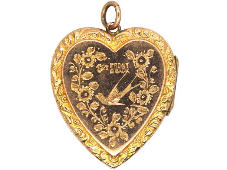 Edwardian 9ct Back & Front Heart Shaped Locket with Swallow & Roses Motif