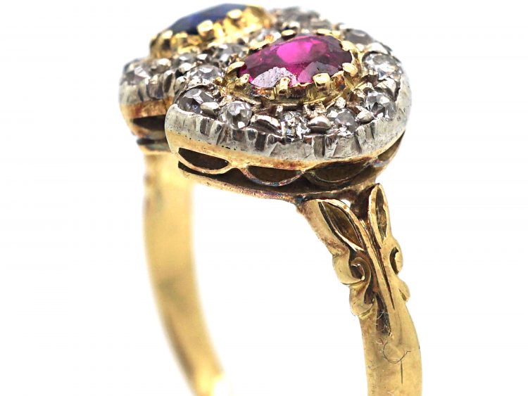 Victorian 18ct Gold Double Heart Ring set with a Ruby, Sapphire & Diamonds