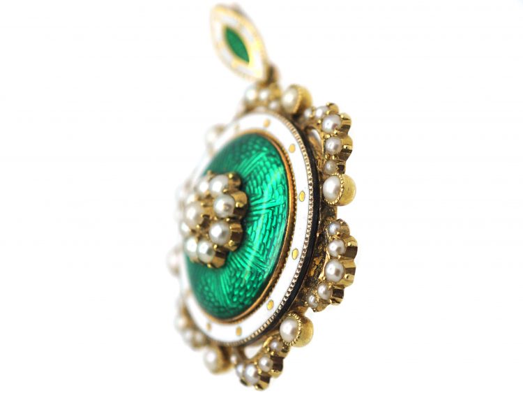 Edwardian 15ct Gold, Natural Split Pearls & Green Enamel Round Pendant with Locket Back