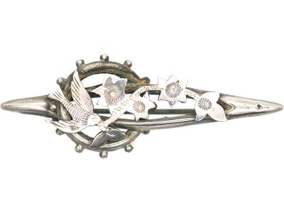 Victorian Silver Swallow & Ivy Leaf Brooch
