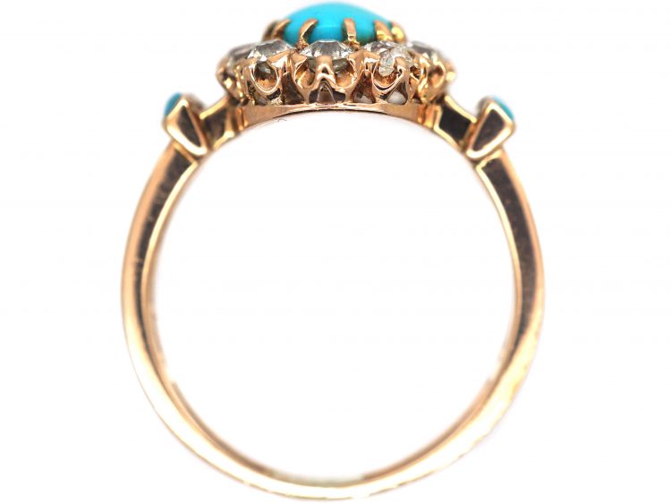 Edwardian 18ct Gold, Turquoise & Diamond Oval Cluster Ring with Turquoise Set Shoulders