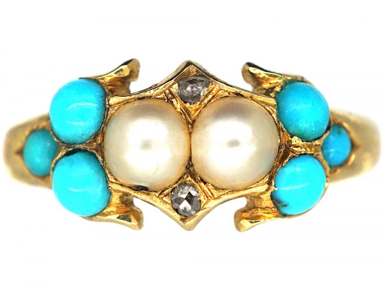 Regency 15ct Gold, Turquoise, Natural Split Pearl & Rose Diamond Ring