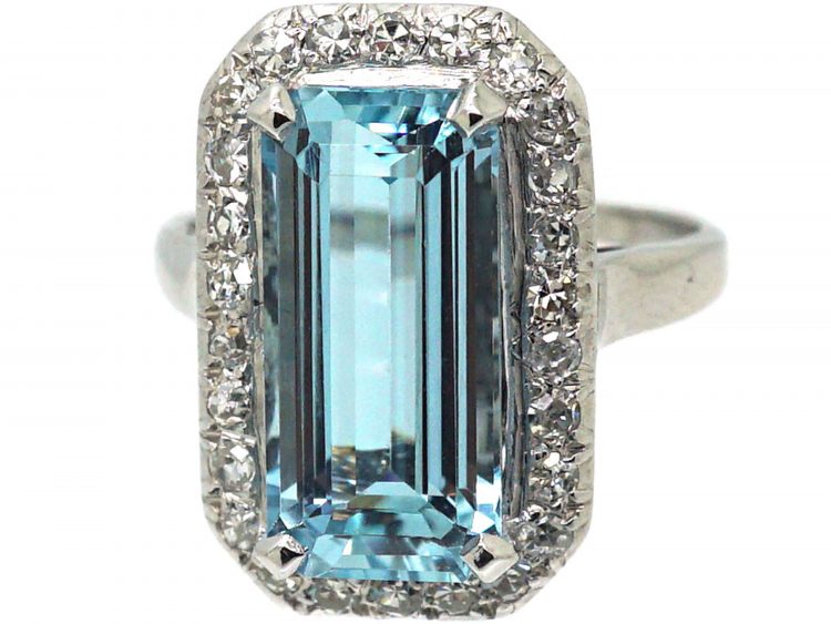 Retro 18ct White Gold, Aquamarine & Diamond Rectangular Shaped Ring