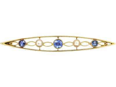 Edwardian 15ct Gold Brooch set with Sapphires & Natural Pearls