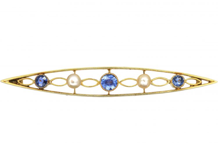 Edwardian 15ct Gold Brooch set with Sapphires & Natural Pearls