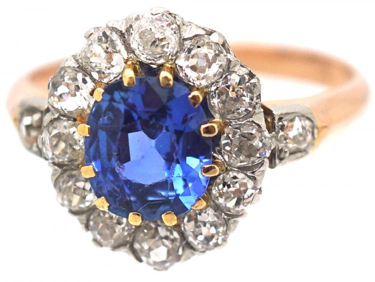 French Belle Epoque 18ct Gold, Platinum, Ceylon Sapphire & Diamond Cluster Ring with Diamond Set Shoulders