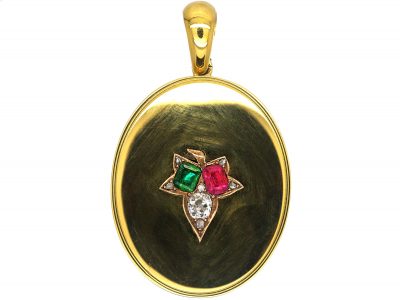 Victorian Large 18ct Gold Oval Shaped Locket set with a Sapphire, Ruby & Emerald in the Original Case