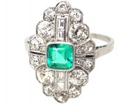 Art Deco Platinum, Emerald & Diamond Navette Shaped Ring