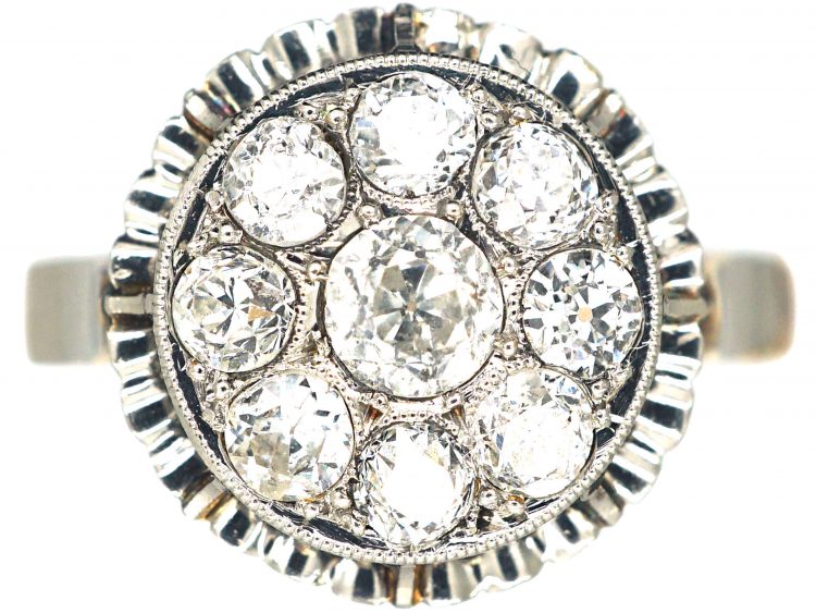 Art Deco French 18ct Gold & Platinum, Diamond Cluster Ring with Pie Crust Border