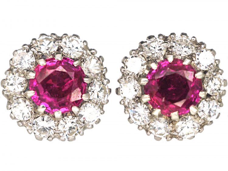 18ct White Gold, Ruby & Diamond Cluster Earrings