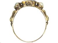 Georgian Scottish 9ct Gold, Flat Cut Garnet & Natural Split Pearl Ring with Thistle Motif Shoulders