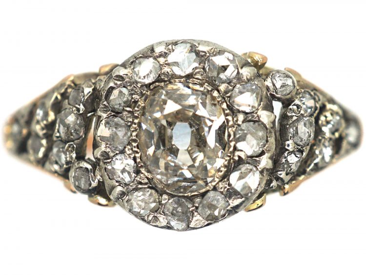 Georgian 18ct Gold & Silver, Diamond Cluster Ring with rose Diamond set Shoulders